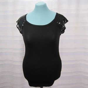 Black Soprano Sequined Cap Sleeve Raglan Top - M